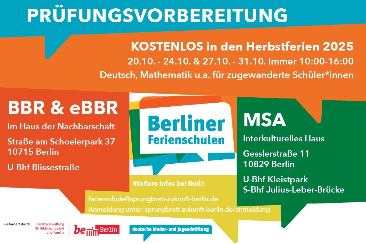 Ferienschule_Herbst2025 Berliner Ferienschule Herbst 2025. Kostenloses Angebot für geflüchtete Schüler*innen zur Vorbereitung auf BBR und MSA