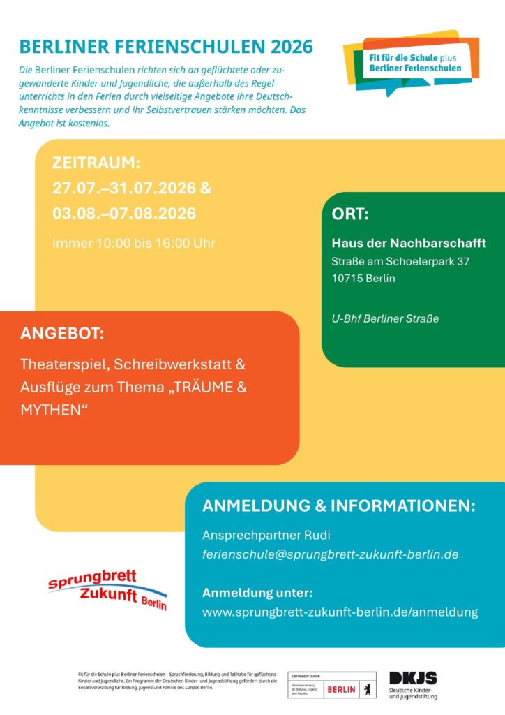 Berliner Ferienschule Sommerferien 2026. Theaterspiel, Schreibwerkstatt und Ausflüge für geflüchtete oder zugewanderte Jugendliche