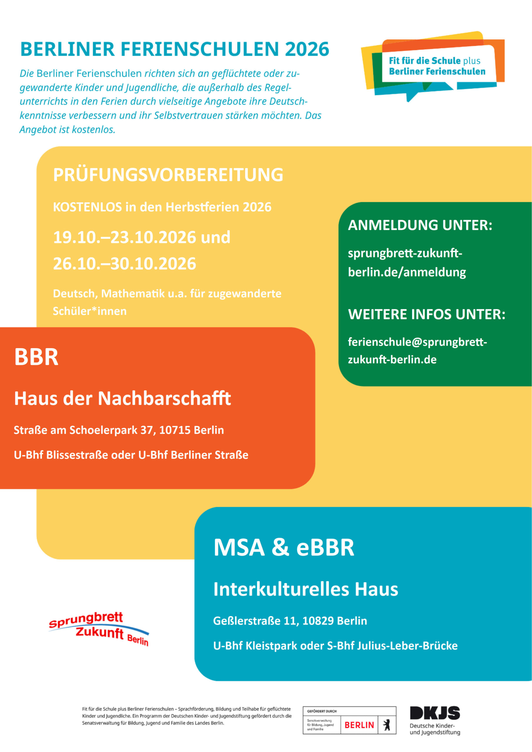 Berliner Ferienschule Herbstferien 2026. Infos bei ferienschule@sprungbrett-zukunft-berlin.de